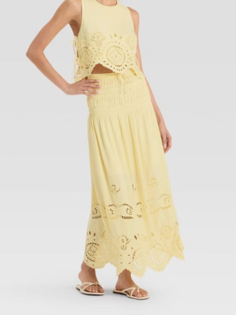 High Rise Embroidered Eyelet Pleated Drop Waist A Line Ankle Skirt